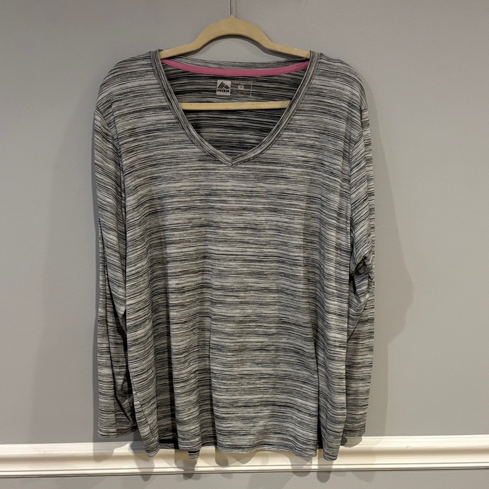 RBX Gray & White Striped V-Neck Long Sleeve Top
